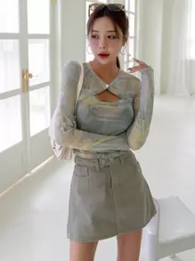 DAZY Tie Dye Cut Out Crop Top Sheer - Multicolor - View 2