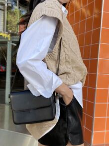 DAZY Split Hem Cable Knit Sweater Vest Without Blouse,Fall Clothes - Apricot - View 2