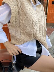 DAZY Split Hem Cable Knit Sweater Vest Without Blouse,Fall Clothes - Apricot - View 6
