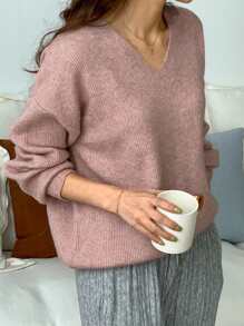 DAZY V Neck Drop Shoulder Jumper - Pink - View 1