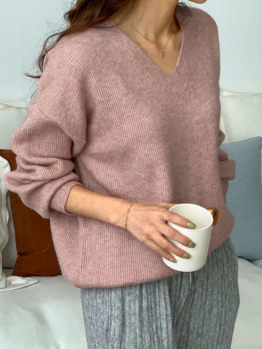 DAZY V Neck Drop Shoulder Jumper - Pink - View 1