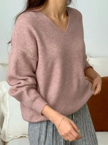 DAZY V Neck Drop Shoulder Jumper - Pink - View 2