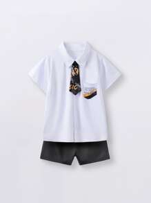 Yierying 小男童標語圖案補丁貼口袋襯衫和短褲帶系帶