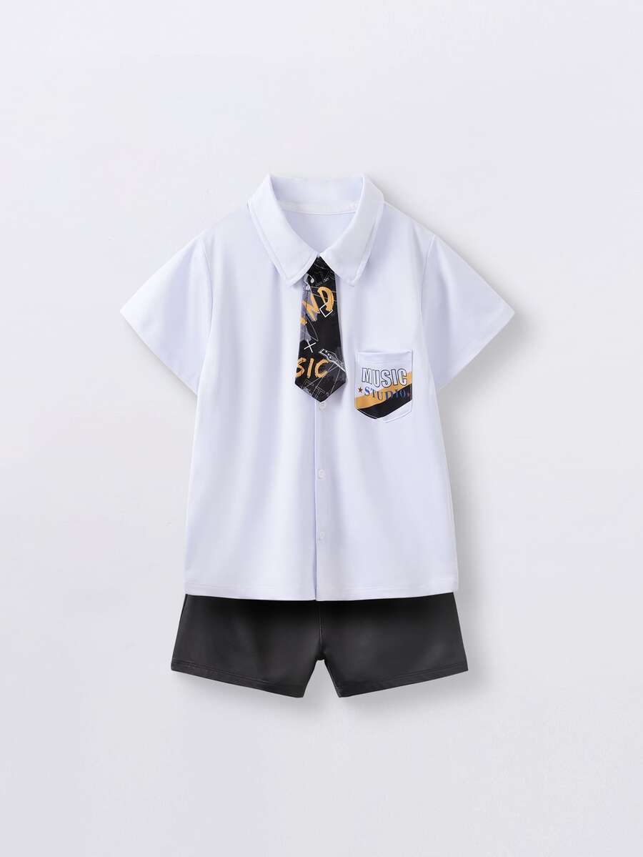 Yierying 小男童標語圖案補丁貼口袋襯衫和短褲帶系帶
