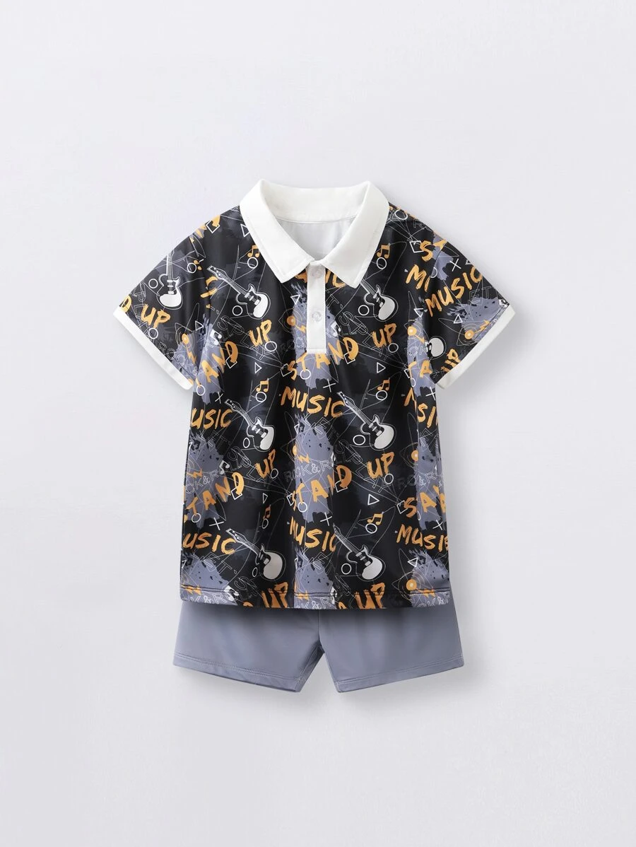 Yierying 小男童吉他和標語圖案POLO衫和短褲