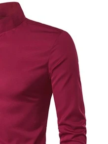 Manfinity Homme Hombres Camisa bajo asimétrico con botón delantero - Burdeos - Ver 3