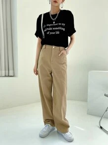 DAZY 斜口袋直筒褲 - 卡其色 - 查看 3