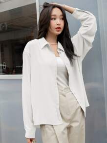 DAZY Drop Shoulder Button Front Shirt,Long Sleeve Tops,Fall Women Clothes - White - View 3