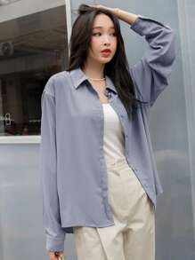 DAZY Drop Shoulder Button Front Shirt,Fall Women Clothes Long Sleeve Top - Blue - View 3