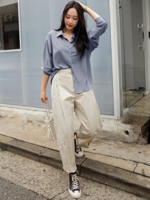 DAZY Drop Shoulder Button Front Shirt,Fall Women Clothes Long Sleeve Top - Blue - View 5