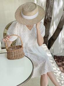 DAZY Vestido smock con bordado con ojal - Blanco - Ver 3