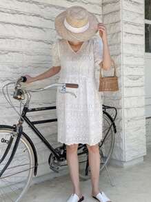 DAZY Vestido smock con bordado con ojal - Blanco - Ver 6