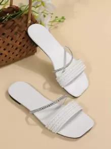 نعال نسائية مصنوعة يدويًا بطراز أوروبي وأمريكي، محاكة بشرائط ومزينة بالراين ستون، متعددة الاستخدامات، خفيفة الوزن، مريحة، مانعة للانزلاق، مقاومة للتآكل، نعال مسطحة