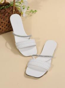 نعال نسائية مصنوعة يدويًا بطراز أوروبي وأمريكي، محاكة بشرائط ومزينة بالراين ستون، متعددة الاستخدامات، خفيفة الوزن، مريحة، مانعة للانزلاق، مقاومة للتآكل، نعال مسطحة