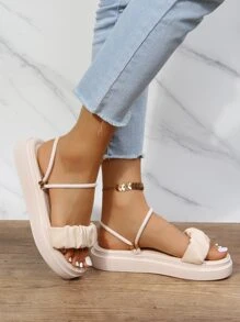 Giày sandal quai hậu đa năng màu be dành cho nữ, kiểu dáng xếp ly, hở mũi, đế bằng, thích hợp cho trang phục hàng ngày và mùa xuân hè. - Màu be - Xem 1