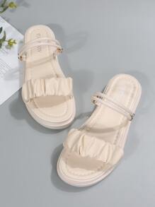 Giày sandal quai hậu đa năng màu be dành cho nữ, kiểu dáng xếp ly, hở mũi, đế bằng, thích hợp cho trang phục hàng ngày và mùa xuân hè. - Màu be - Xem 4
