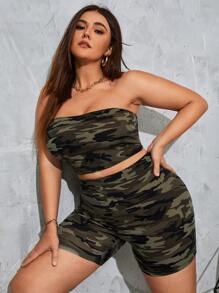 SHEIN EZwear 大碼迷彩印花短款抹胸上衣和騎行褲 - 彩色 - 查看 3