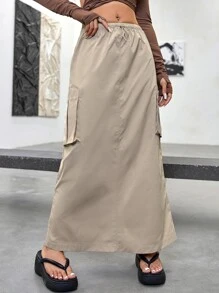 SHEIN ICON 戶外運動風素色翻蓋口袋傘裙 - 杏色 - 查看 1