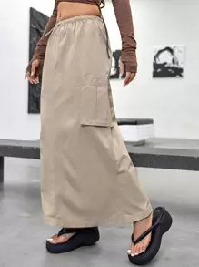 SHEIN ICON 戶外運動風素色翻蓋口袋傘裙 - 杏色 - 查看 4