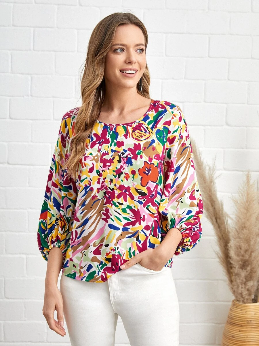 EMERY ROSE Blusa con estampado de manga farol - Multicolor - Ver 1