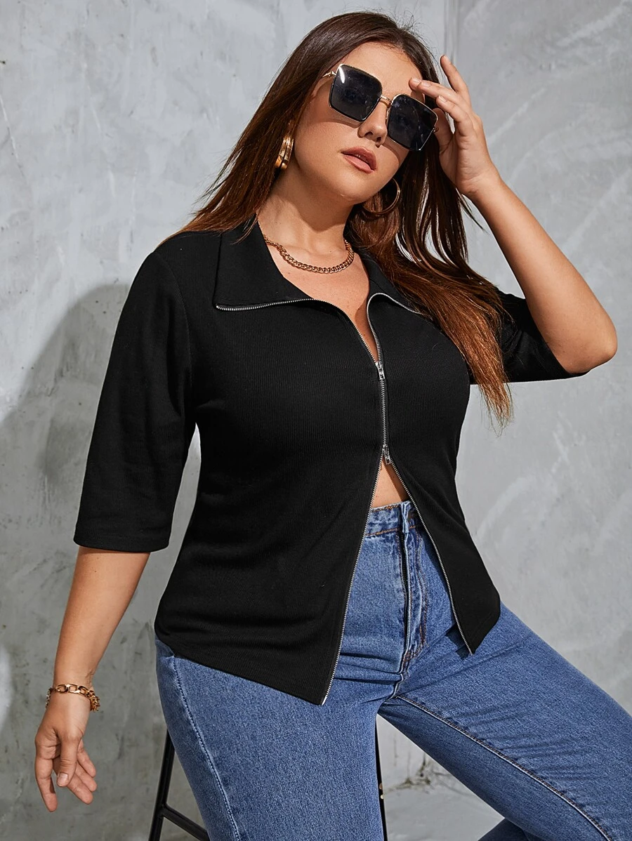 SHEIN EZwear Plus Zip Front Jacket - Black - View 1