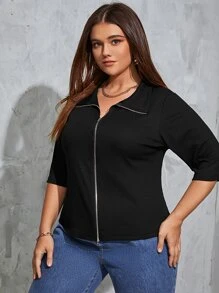 SHEIN EZwear Plus Zip Front Jacket - Black - View 4