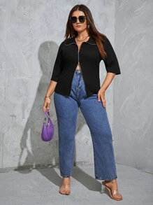 SHEIN EZwear Plus Zip Front Jacket - Black - View 5