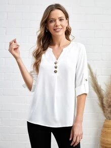 EMERY ROSE Solid Notched Neck Button Front Blouse - White - View 3