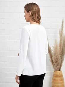 EMERY ROSE Solid Notched Neck Button Front Blouse - White - View 4