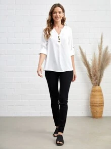 EMERY ROSE Solid Notched Neck Button Front Blouse - White - View 5