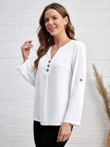 EMERY ROSE Solid Notched Neck Button Front Blouse - White - View 6