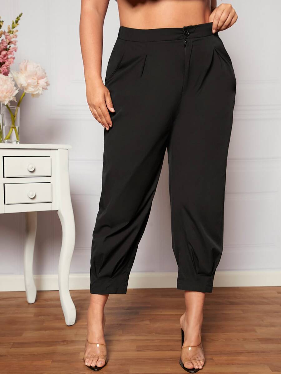 SHEIN LUNE Quần Plus Size Nút Dây kéo Uốn nếp màu trơn Giải trí - màu đen - Xem 1