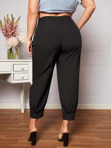 SHEIN LUNE Quần Plus Size Nút Dây kéo Uốn nếp màu trơn Giải trí - màu đen - Xem 2