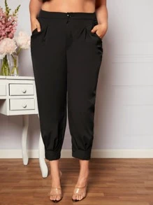 SHEIN LUNE Quần Plus Size Nút Dây kéo Uốn nếp màu trơn Giải trí - màu đen - Xem 3