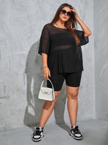 SHEIN EZwear de hombros caídos Top & tubo & Shorts biker - Negro - Ver 4