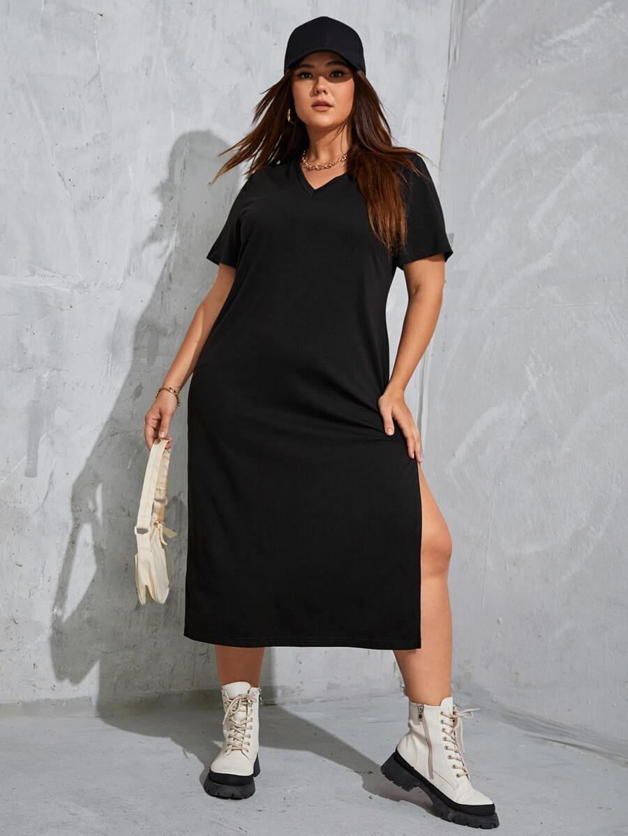 SHEIN EZwear Plus Solid Split Hem Tee Dress - Black - View 1