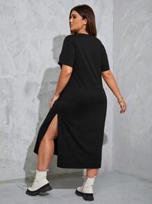 SHEIN EZwear Vestido estilo camiseta unicolor bajo con abertura - Negro - Ver 2