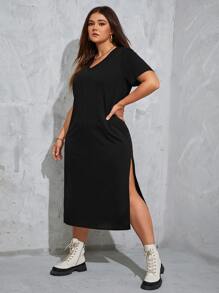 SHEIN EZwear Vestido estilo camiseta unicolor bajo con abertura - Negro - Ver 4