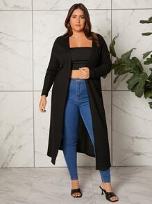 SHEIN Essnce 大碼條紋針織下擺開叉防塵外套 - 黑色 - 查看 1