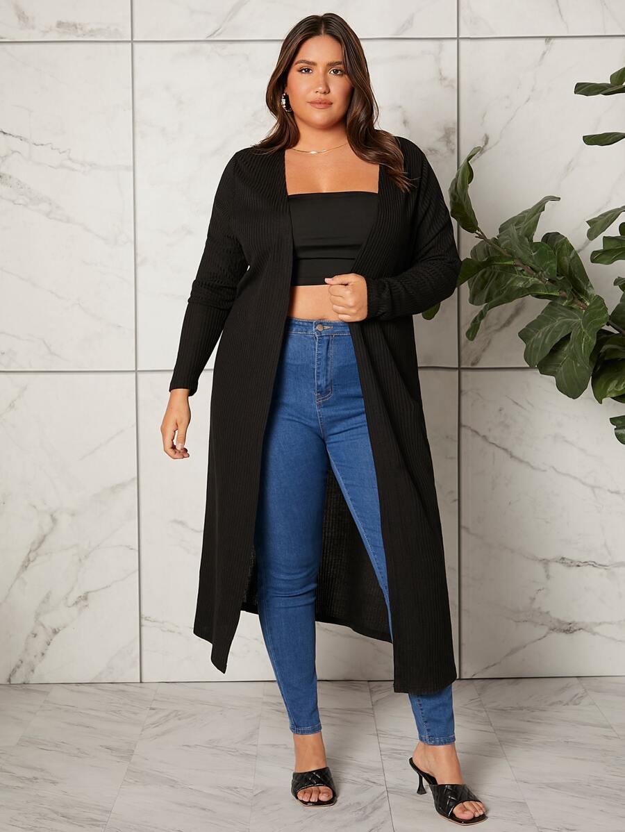 SHEIN Essnce 大碼條紋針織下擺開叉防塵外套 - 黑色 - 查看 1