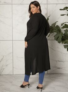 SHEIN Essnce 大碼條紋針織下擺開叉防塵外套 - 黑色 - 查看 2