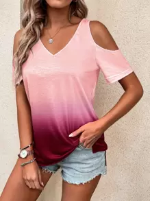 SHEIN LUNE Ombre Cold Shoulder Slit Hem Tee - Multicolor - View 3