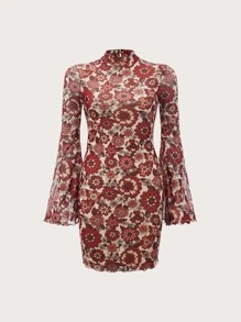 SHEIN MOD 滿版印花木耳邊荷葉袖網紗連衣裙 - 彩色 - 查看 2