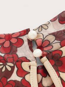 SHEIN MOD 滿版印花木耳邊荷葉袖網紗連衣裙 - 彩色 - 查看 6