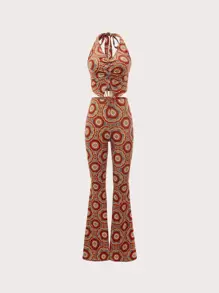 SHEIN MOD 滿版印花胸部褶皺短款上衣和喇叭褲 - 彩色 - 查看 1