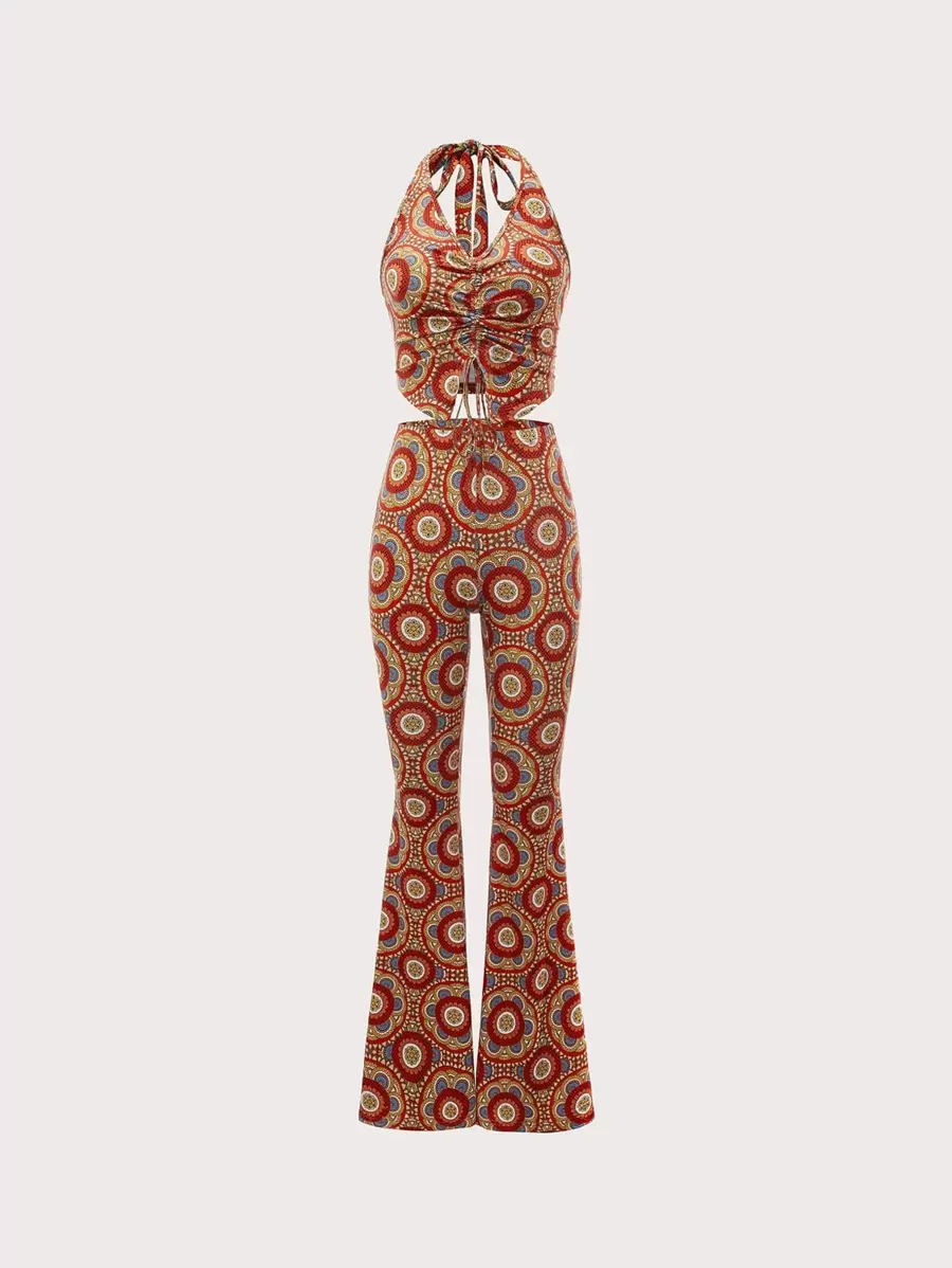 SHEIN MOD 滿版印花胸部褶皺短款上衣和喇叭褲 - 彩色 - 查看 1