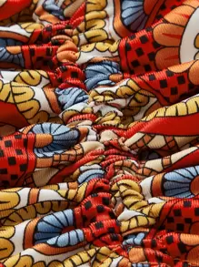 SHEIN MOD 滿版印花胸部褶皺短款上衣和喇叭褲 - 彩色 - 查看 3