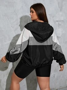 SHEIN EZwear 秋冬加大拼色落肩抽绳拉链连帽夹克 - 彩色 - 查看 2