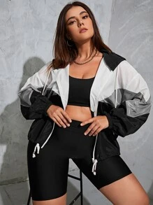 SHEIN EZwear 秋冬加大拼色落肩抽绳拉链连帽夹克 - 彩色 - 查看 3