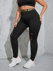 SHEIN EZwear Plus Ripped Letter Tape Trousers - Black - View 5